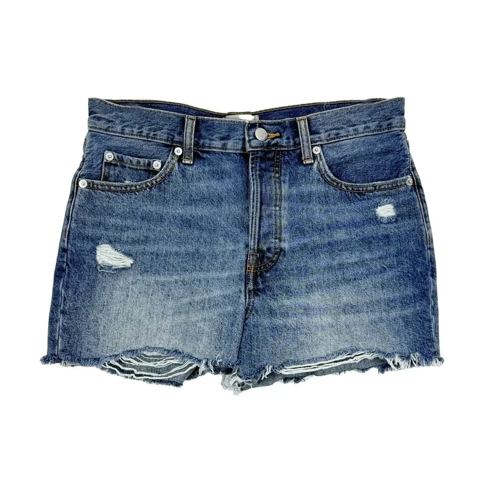 EVERLANE The Relaxed 90's Shorts 25 Deep Indigo Blue Distressed Cut-Off EUC B52